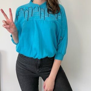 80s Vintage Pullover Sweater Teal Bling Pasta 1980 VTG Bright Cozy Dolman Sleeve